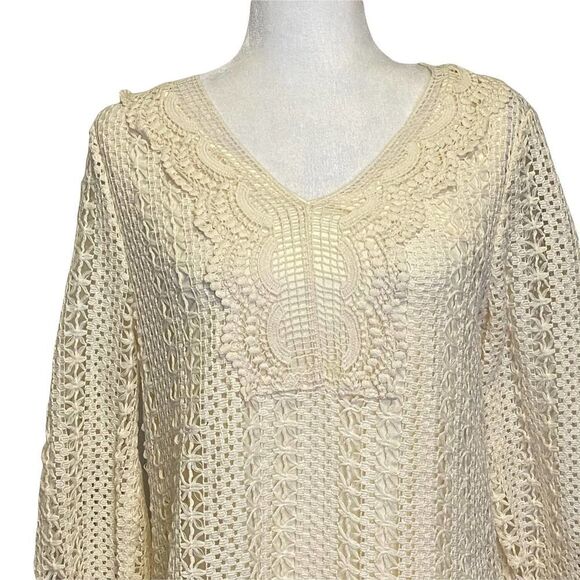 𝅺entro Dress‎ Boho Cream Ivory Crotched Knit Beachy Long Sleeve Size M - Picture 4 of 10